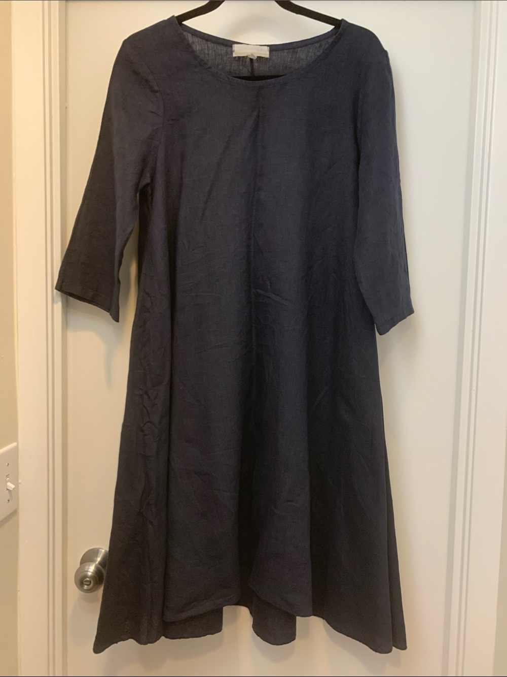 Women's Navy Long-Sleeve A-Line Linen Dress